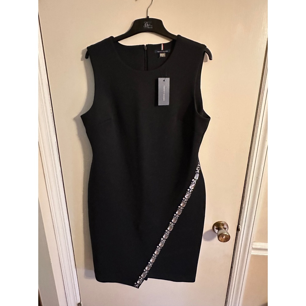 Tommy Hilfiger Womens Black Crystal Embellished Sheath Dress A4HS1ARY Size 14